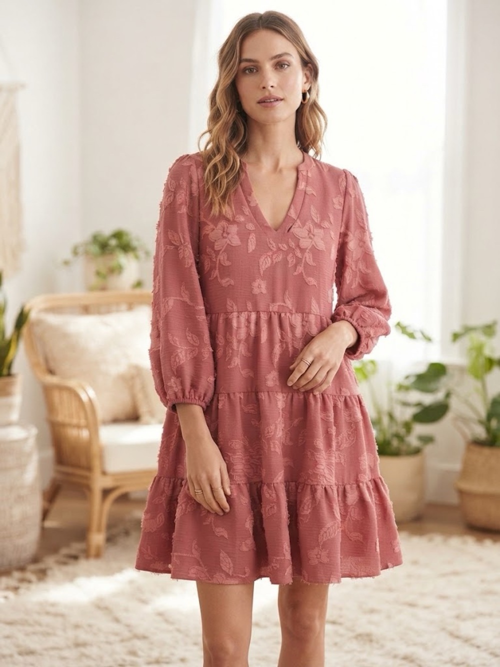 Joie Dusty Rose V-Neck Tiered Floral Dress